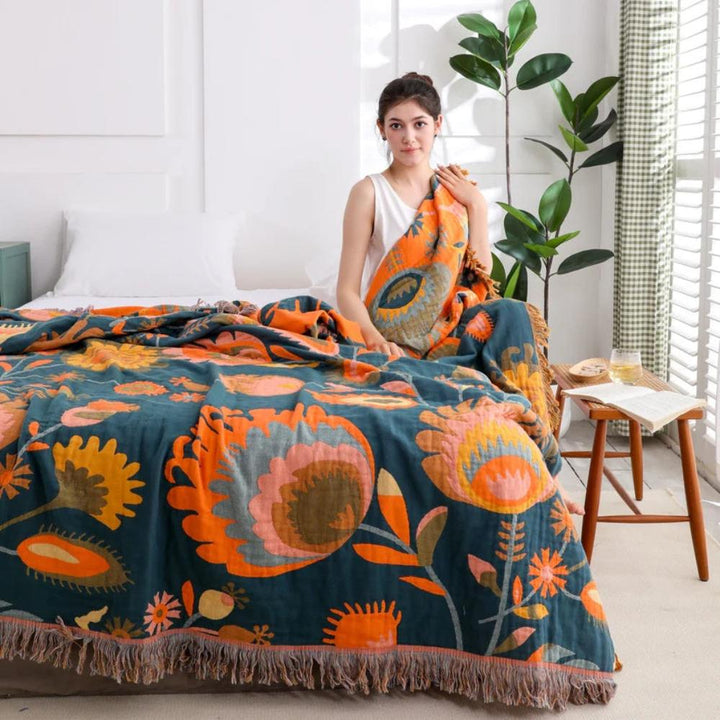 BlütenZauber: Coperte in cotone con design floreale Boho, leggera struttura e comfort traspirante – per divano e camera da letto