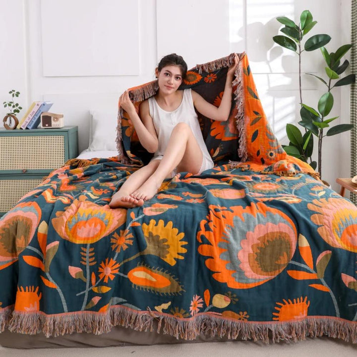 BlütenZauber: Coperte in cotone con design floreale Boho, leggera struttura e comfort traspirante – per divano e camera da letto