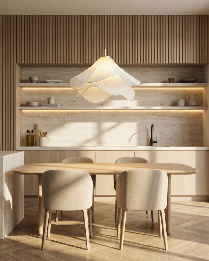 Brillio di Petali: Lampada a Sospensione Design – esclusiva lampada in tessuto con accento dorato, elegante per sala da pranzo e camera da letto