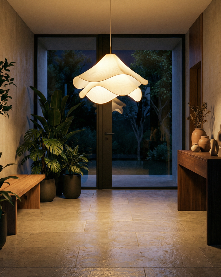 Brillio di Petali: Lampada a Sospensione Design – esclusiva lampada in tessuto con accento dorato, elegante per sala da pranzo e camera da letto