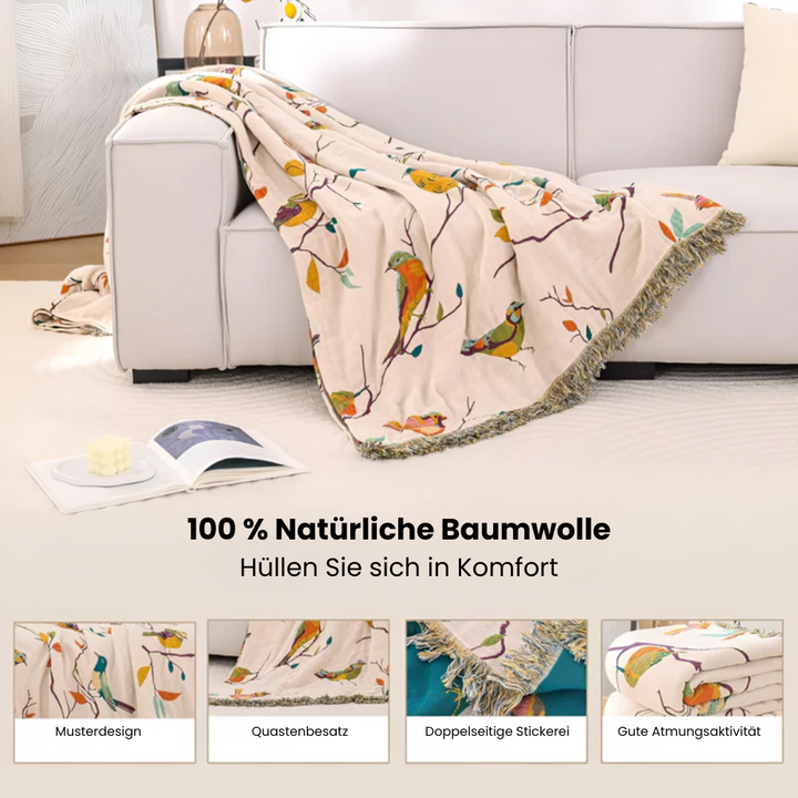 BohoNest: Coperta in Cotone con Motivo di Uccelli – Leggera Coperta da Coccolare con Frange