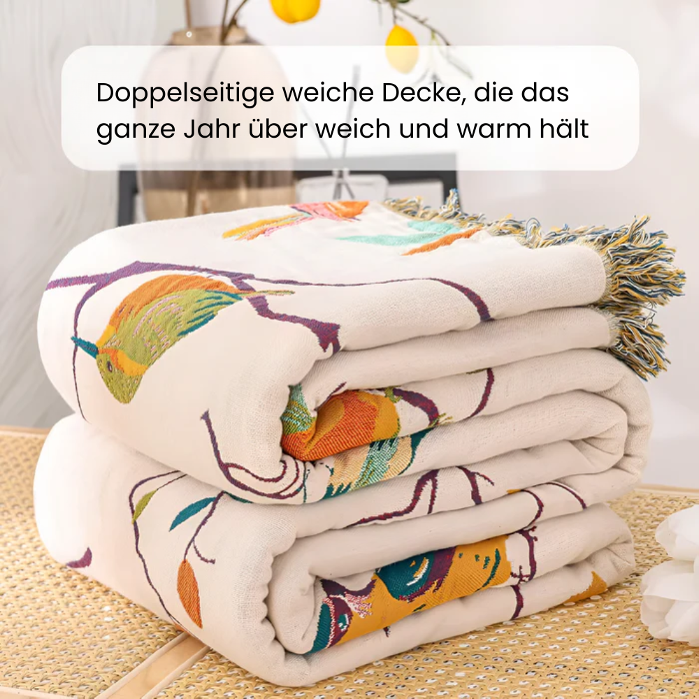 BohoNest: Coperta in Cotone con Motivo di Uccelli – Leggera Coperta da Coccolare con Frange