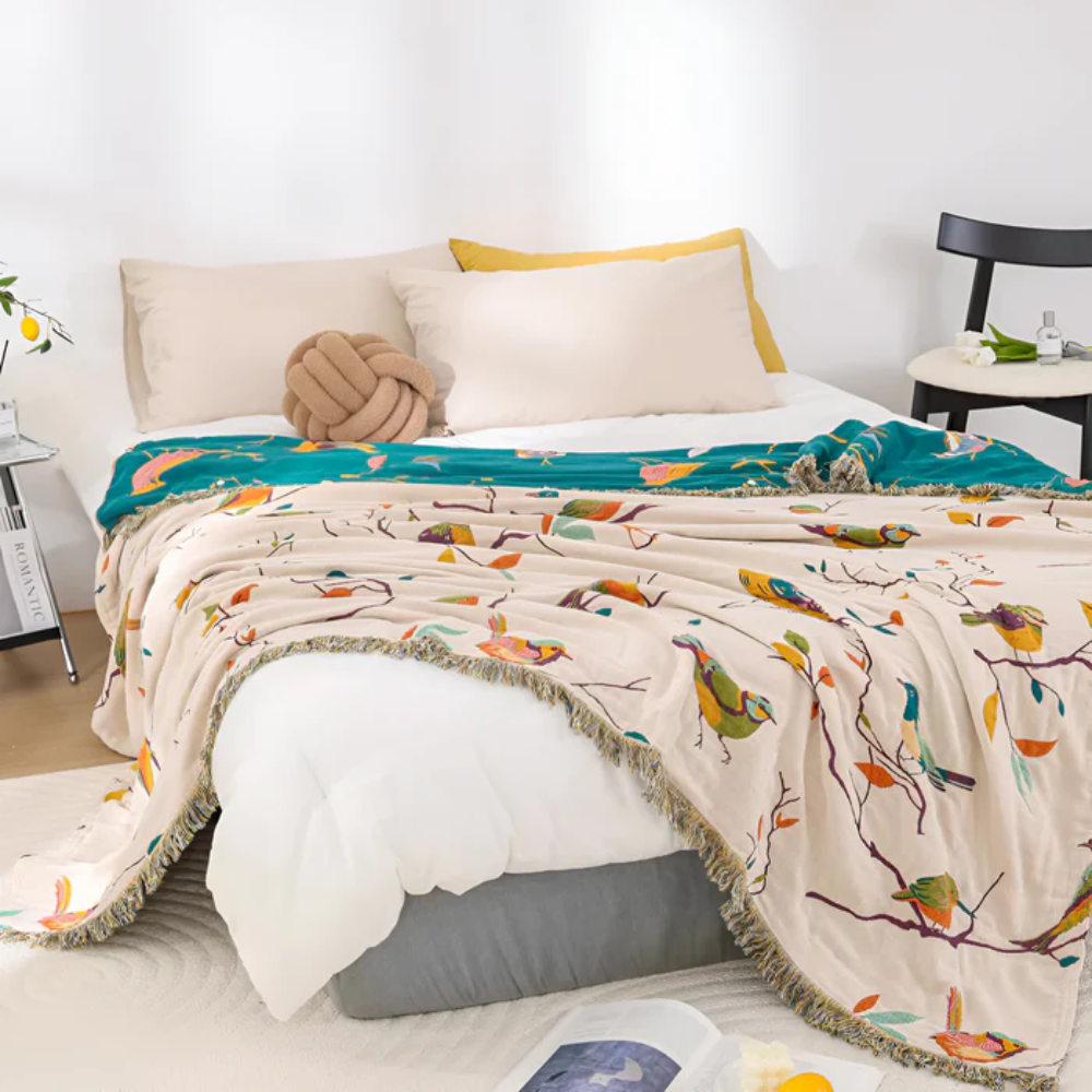 BohoNest: Coperta in Cotone con Motivo di Uccelli – Leggera Coperta da Coccolare con Frange
