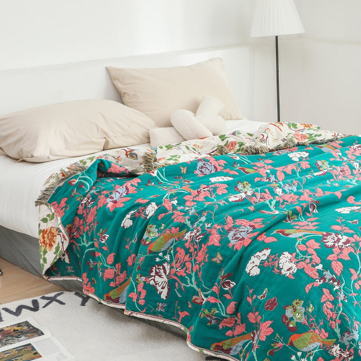 Uccello Blu Botanico: Coperta in Cotone Reversibile con Motivo di Fiori e Uccelli – per Camera da Letto e Soggiorno
