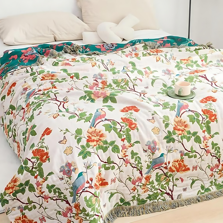 Uccello Blu Botanico: Coperta in Cotone Reversibile con Motivo di Fiori e Uccelli – per Camera da Letto e Soggiorno