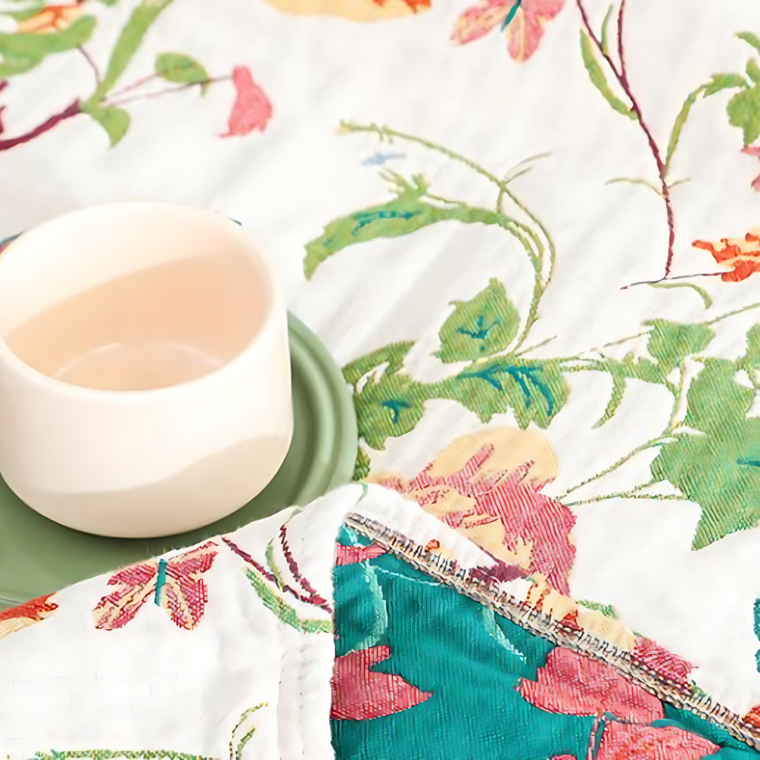 Uccello Blu Botanico: Coperta in Cotone Reversibile con Motivo di Fiori e Uccelli – per Camera da Letto e Soggiorno