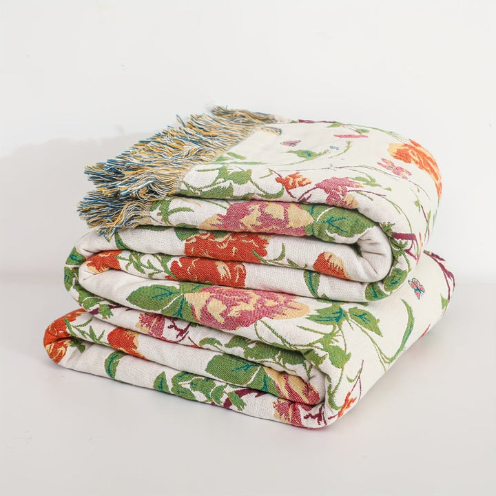 Uccello Blu Botanico: Coperta in Cotone Reversibile con Motivo di Fiori e Uccelli – per Camera da Letto e Soggiorno