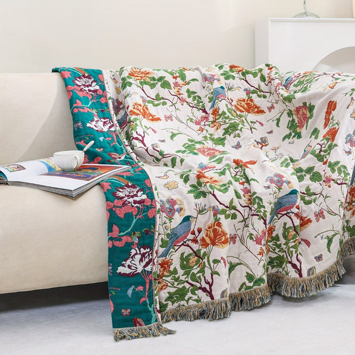 Uccello Blu Botanico: Coperta in Cotone Reversibile con Motivo di Fiori e Uccelli – per Camera da Letto e Soggiorno