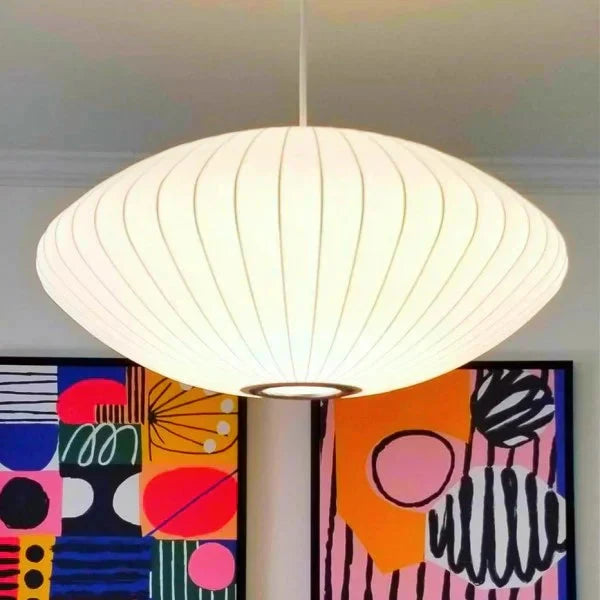 Bubbelo: Lampada a sospensione in seta e acciaio con forma sferica organica – per aree living e studi