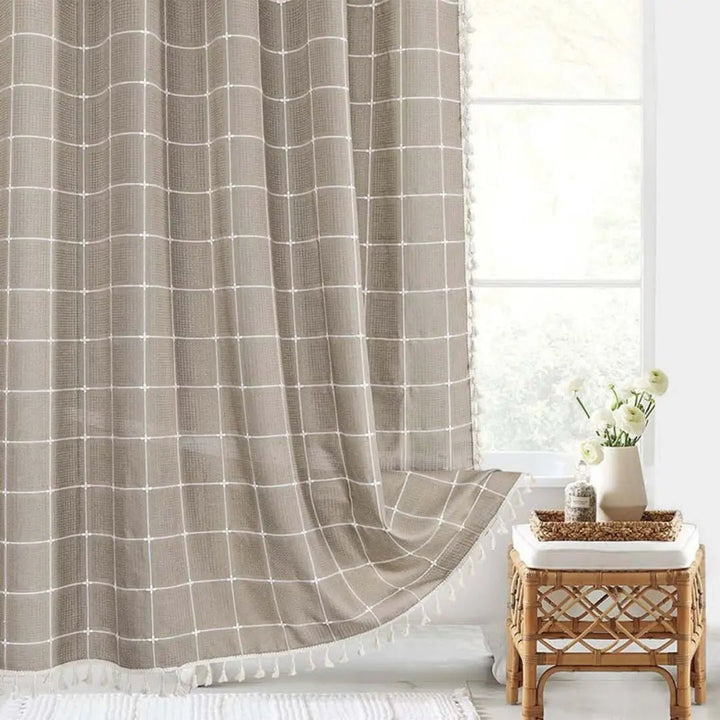 LINENCOVE – Tenda da doccia in lino bohemien con frange e design impermeabile