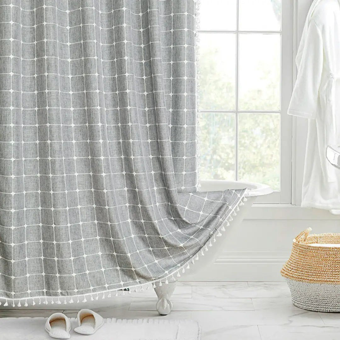LINENCOVE – Tenda da doccia in lino bohemien con frange e design impermeabile