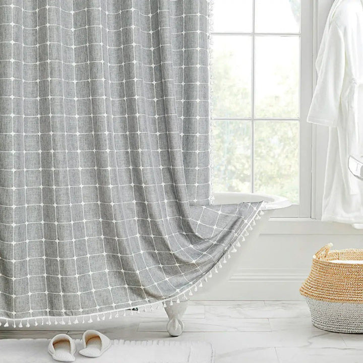 LINENCOVE – Tenda da doccia in lino bohemien con frange e design impermeabile