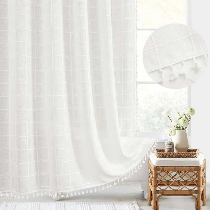 LINENCOVE – Tenda da doccia in lino bohemien con frange e design impermeabile