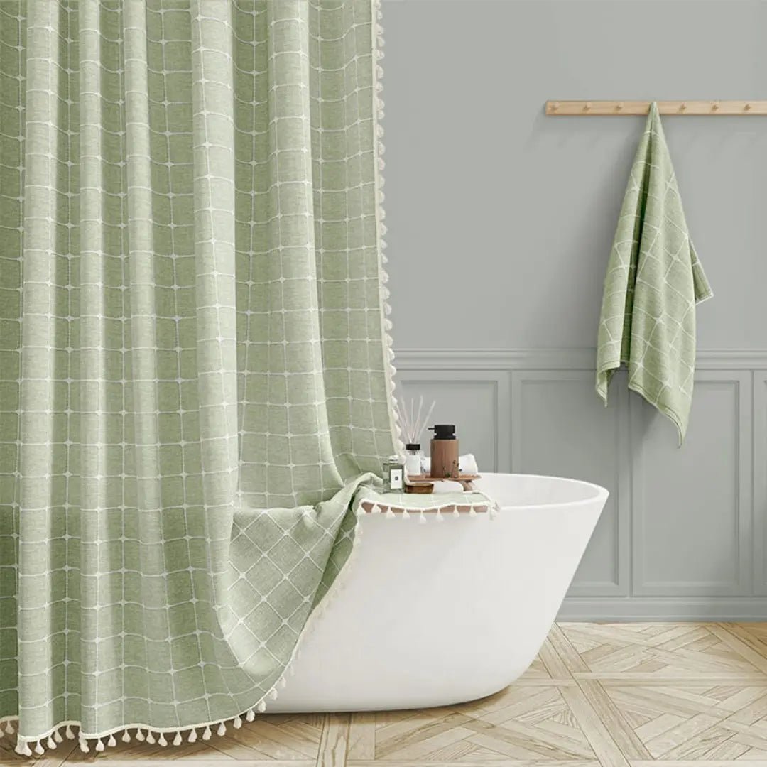 LINENCOVE – Tenda da doccia in lino bohemien con frange e design impermeabile