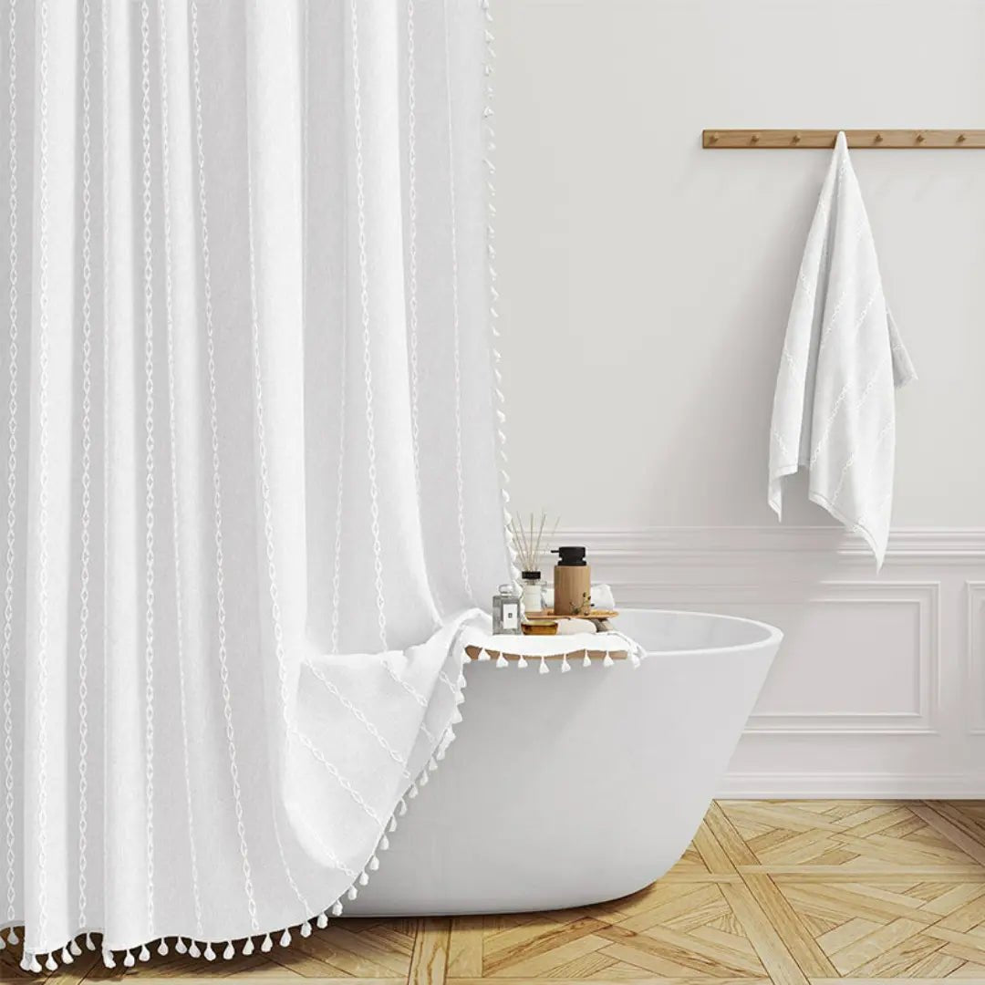 LINENCOVE – Tenda da doccia in lino bohemien con frange e design impermeabile