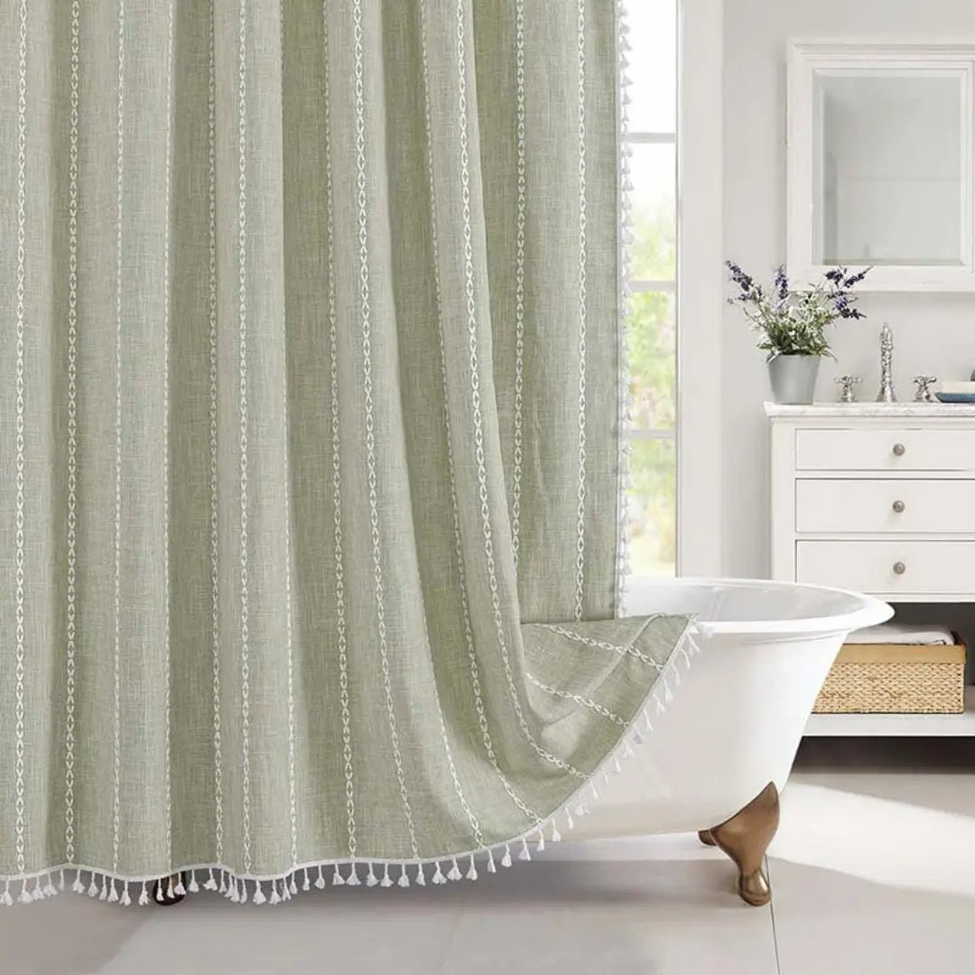 LINENCOVE – Tenda da doccia in lino bohemien con frange e design impermeabile