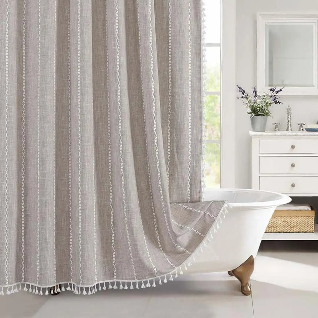 LINENCOVE – Tenda da doccia in lino bohemien con frange e design impermeabile