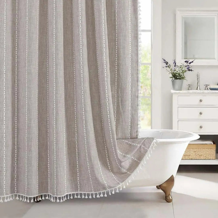 LINENCOVE – Tenda da doccia in lino bohemien con frange e design impermeabile