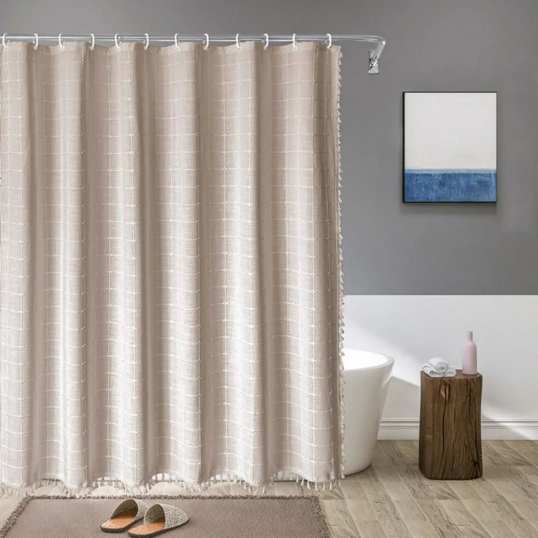 LINENCOVE – Tenda da doccia in lino bohemien con frange e design impermeabile