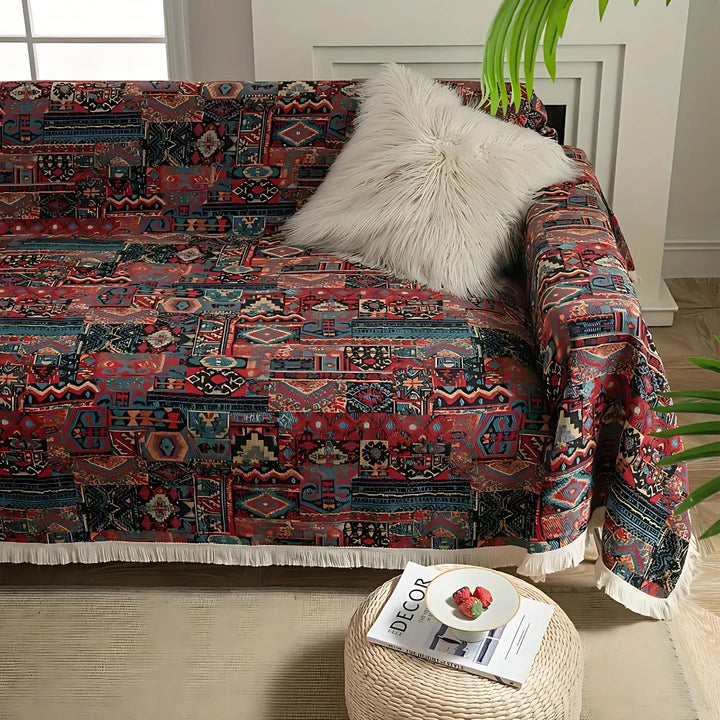 Casablanca: Copridivano in stile Boho con motivo geometrico e frange decorative – per soggiorno e divano