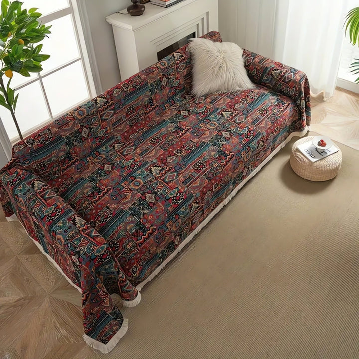 Casablanca: Copridivano in stile Boho con motivo geometrico e frange decorative – per soggiorno e divano