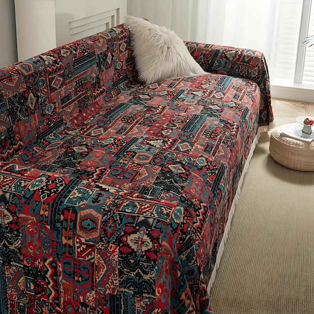 Casablanca: Copridivano in stile Boho con motivo geometrico e frange decorative – per soggiorno e divano