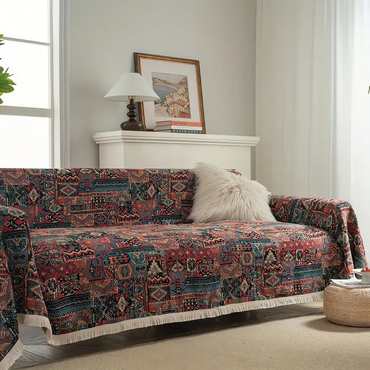 Casablanca: Copridivano in stile Boho con motivo geometrico e frange decorative – per soggiorno e divano