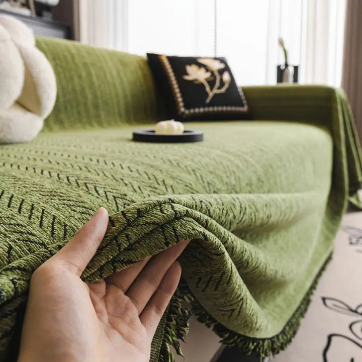 ChenilLoom: Copertura per divano a spina di pesce in chenille – Copridivano con frange per il soggiorno