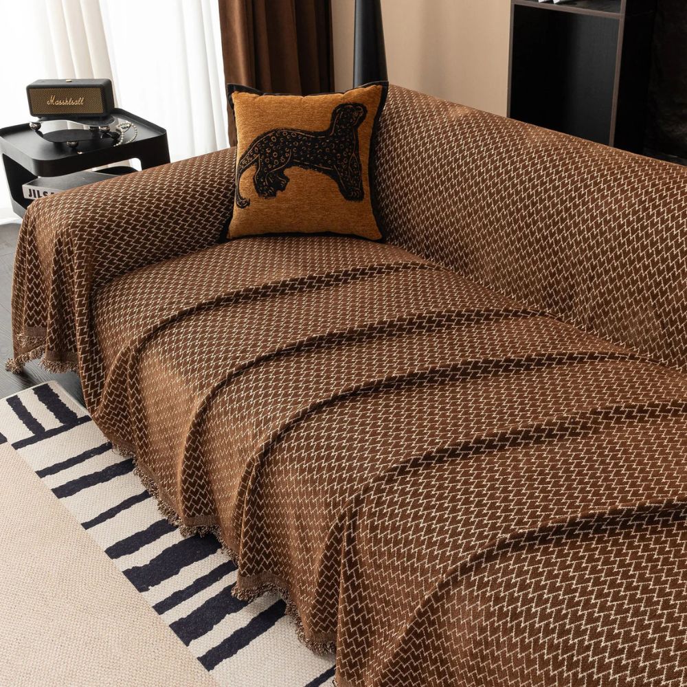 ChenilleHerz: Copridivano con motivo a zigzag e elegante decorazione con frange – per divano e poltrona