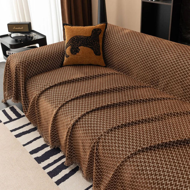 ChenilleHerz: Copridivano con motivo a zigzag e elegante decorazione con frange – per divano e poltrona