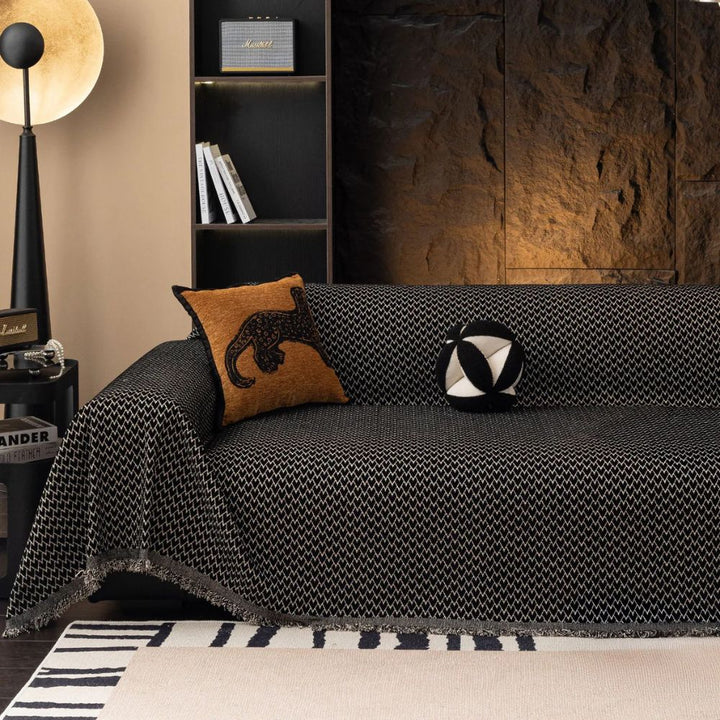 ChenilleHerz: Copridivano con motivo a zigzag e elegante decorazione con frange – per divano e poltrona
