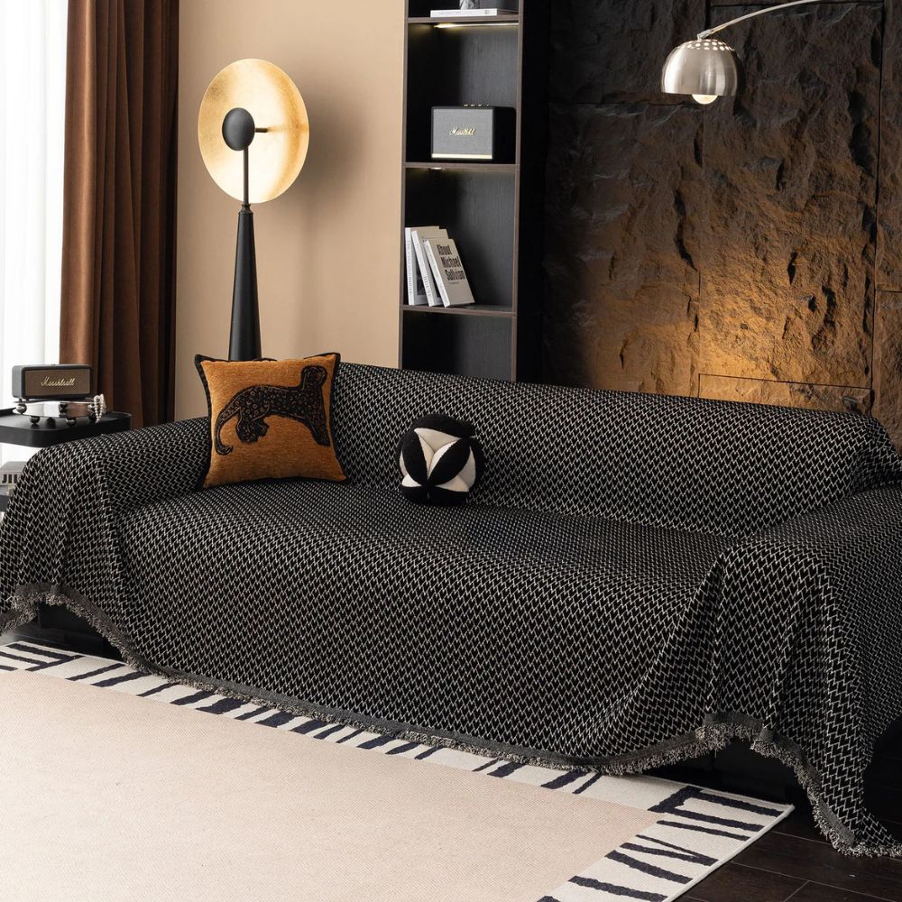 ChenilleHerz: Copridivano con motivo a zigzag e elegante decorazione con frange – per divano e poltrona