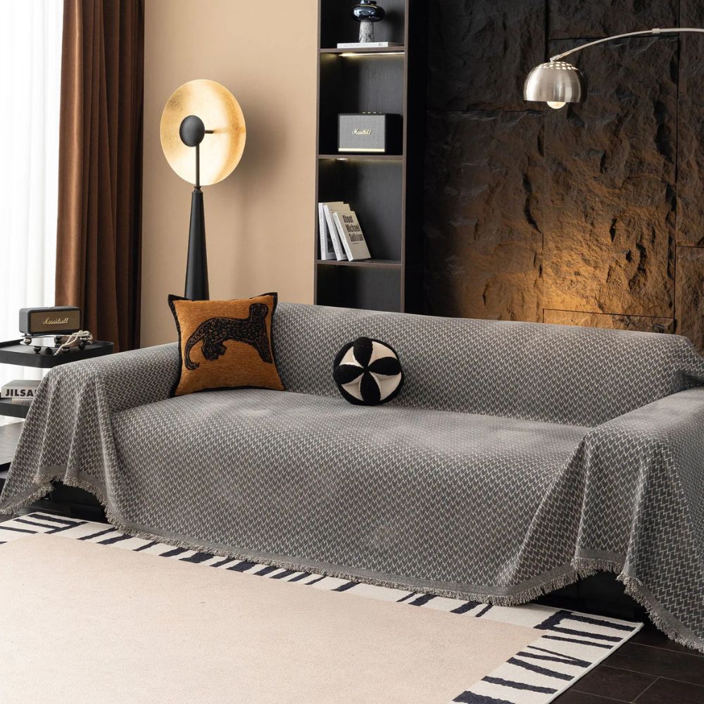 ChenilleHerz: Copridivano con motivo a zigzag e elegante decorazione con frange – per divano e poltrona