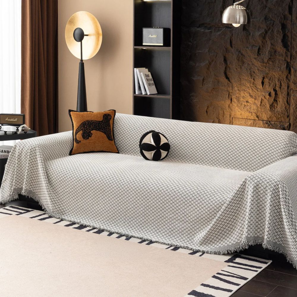 ChenilleHerz: Copridivano con motivo a zigzag e elegante decorazione con frange – per divano e poltrona
