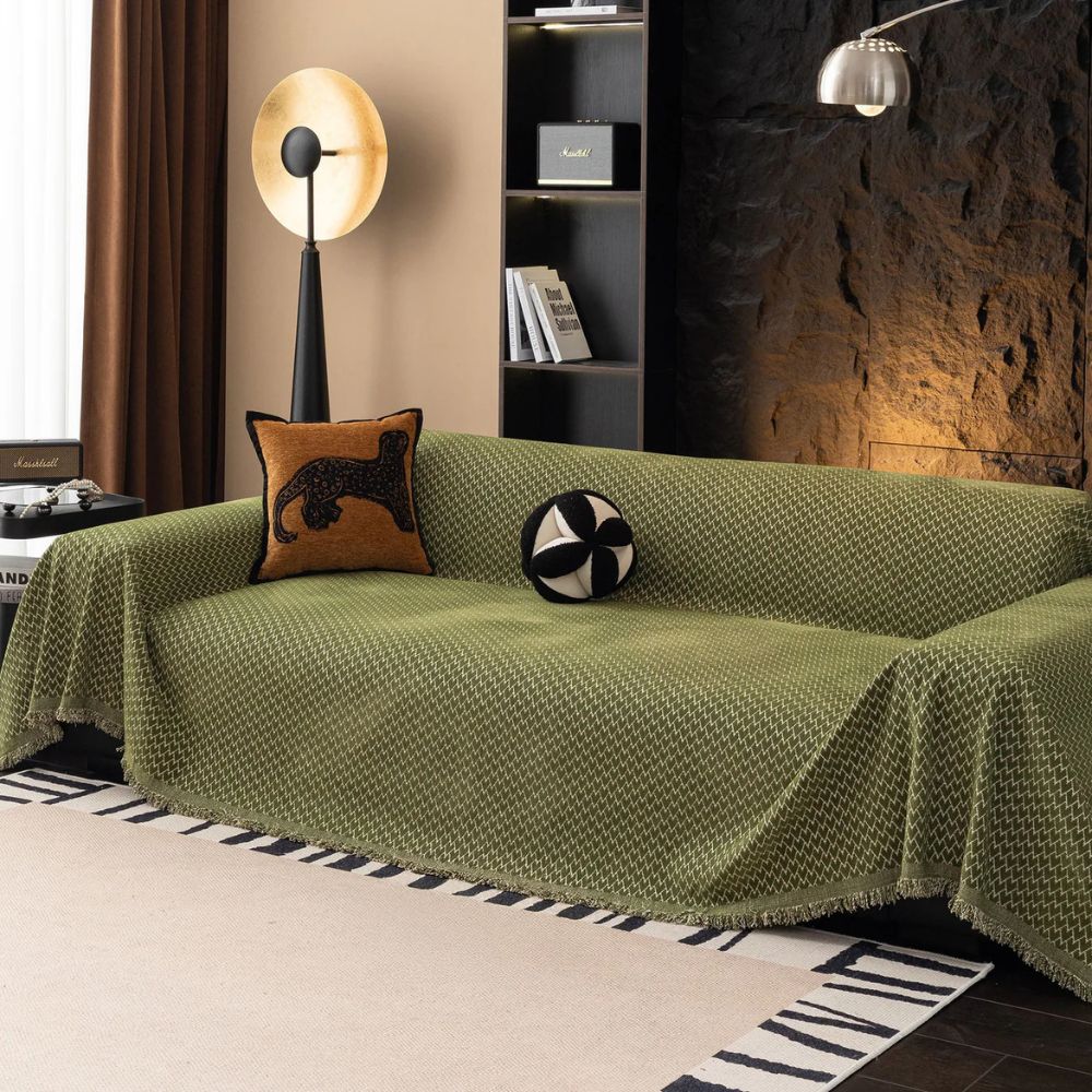 ChenilleHerz: Copridivano con motivo a zigzag e elegante decorazione con frange – per divano e poltrona