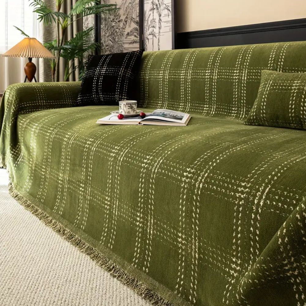 ChesterFeld: Copridivano in design a quadri in chenille con frange – per soggiorno e divano