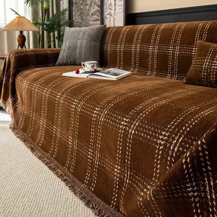 ChesterFeld: Copridivano in design a quadri in chenille con frange – per soggiorno e divano