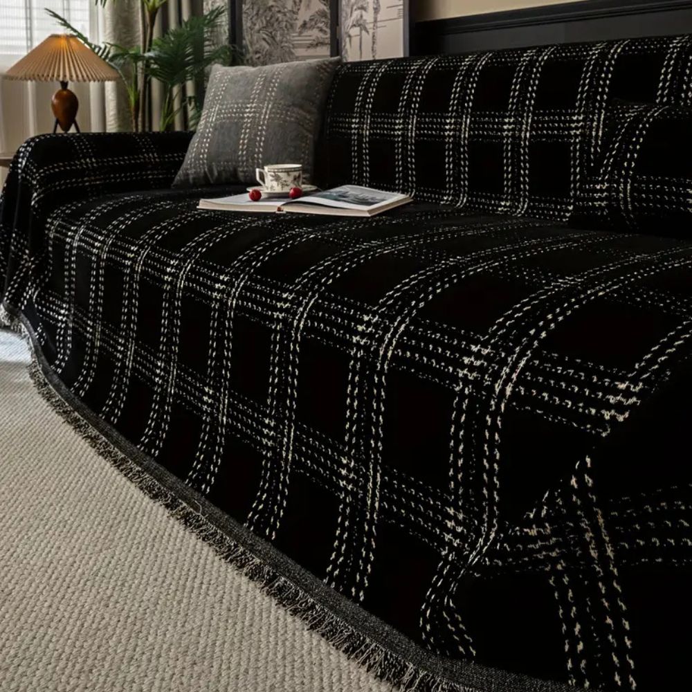 ChesterFeld: Copridivano in design a quadri in chenille con frange – per soggiorno e divano