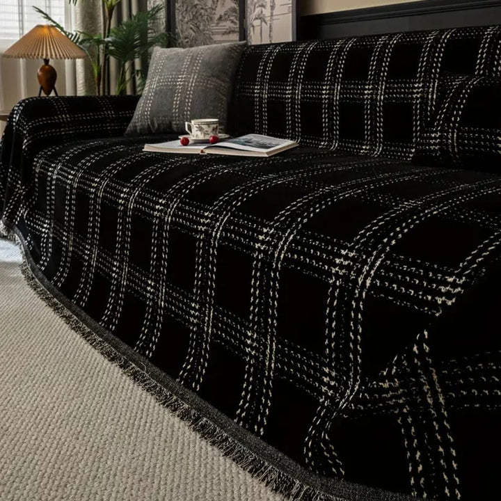 ChesterFeld: Copridivano in design a quadri in chenille con frange – per soggiorno e divano