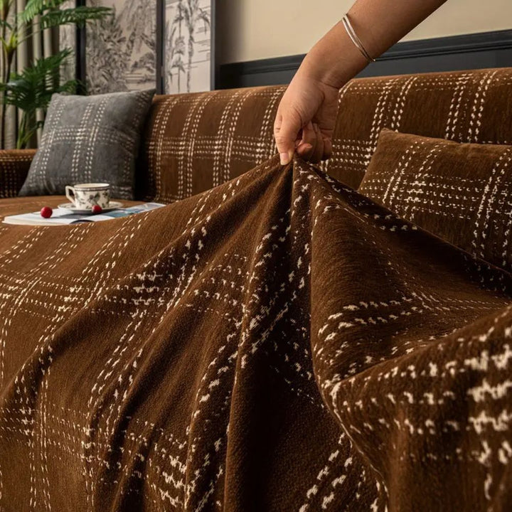 ChesterFeld: Copridivano in design a quadri in chenille con frange – per soggiorno e divano