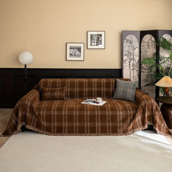 ChesterFeld: Copridivano in design a quadri in chenille con frange – per soggiorno e divano
