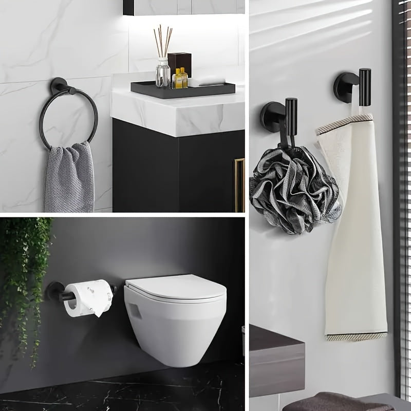 DekoGestell: Porta asciugamani da bagno – Set di montaggio a parete da 5 pezzi in acciaio inox, nero/argento, salvaspazio e stiloso per tessuti da bagno