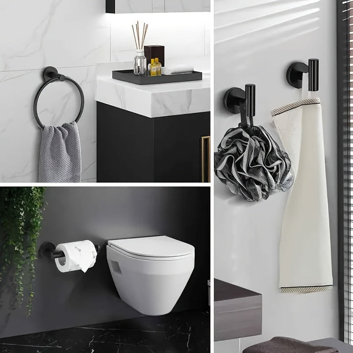 DekoGestell: Porta asciugamani da bagno – Set di montaggio a parete da 5 pezzi in acciaio inox, nero/argento, salvaspazio e stiloso per tessuti da bagno