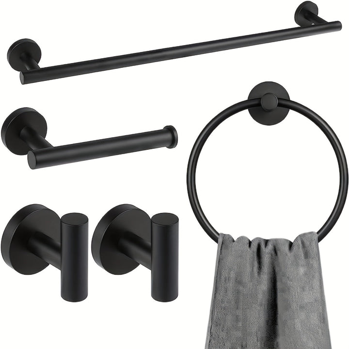 DekoGestell: Porta asciugamani da bagno – Set di montaggio a parete da 5 pezzi in acciaio inox, nero/argento, salvaspazio e stiloso per tessuti da bagno