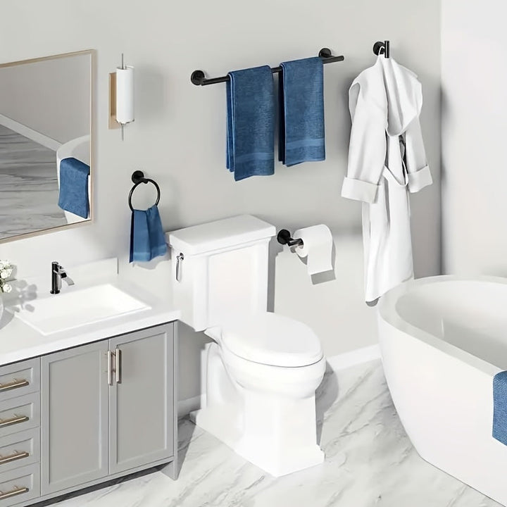 DekoGestell: Porta asciugamani da bagno – Set di montaggio a parete da 5 pezzi in acciaio inox, nero/argento, salvaspazio e stiloso per tessuti da bagno