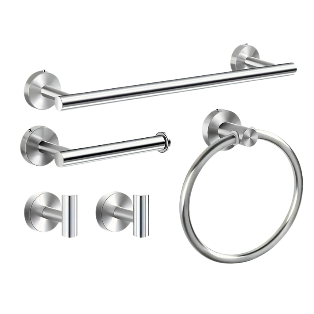 DekoGestell: Porta asciugamani da bagno – Set di montaggio a parete da 5 pezzi in acciaio inox, nero/argento, salvaspazio e stiloso per tessuti da bagno