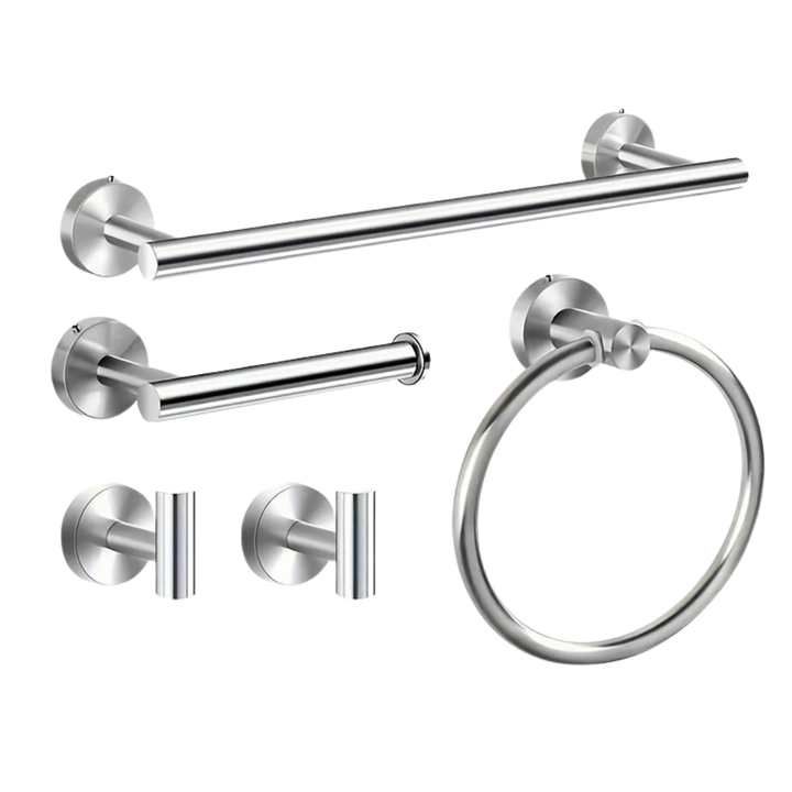 DekoGestell: Porta asciugamani da bagno – Set di montaggio a parete da 5 pezzi in acciaio inox, nero/argento, salvaspazio e stiloso per tessuti da bagno