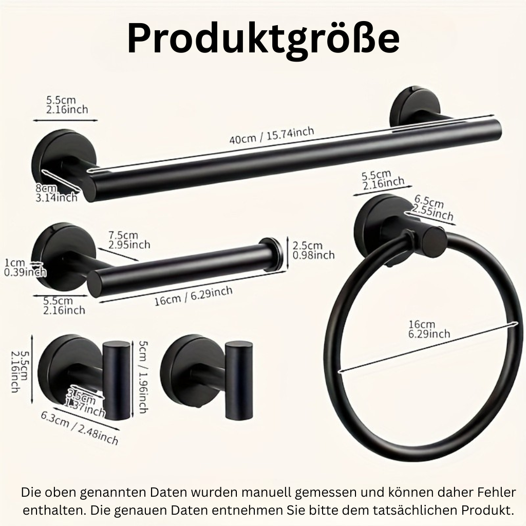 DekoGestell: Porta asciugamani da bagno – Set di montaggio a parete da 5 pezzi in acciaio inox, nero/argento, salvaspazio e stiloso per tessuti da bagno