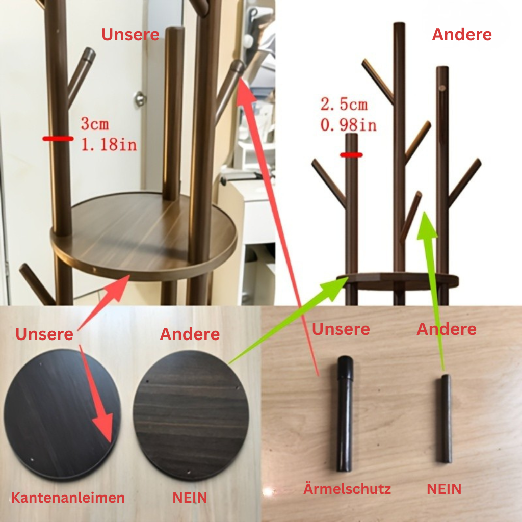 DrehHolz: Appendiabiti autoportante – Design in legno massello con 3 ripiani e 9 ganci, girevole a 360° per corridoio e camera da letto
