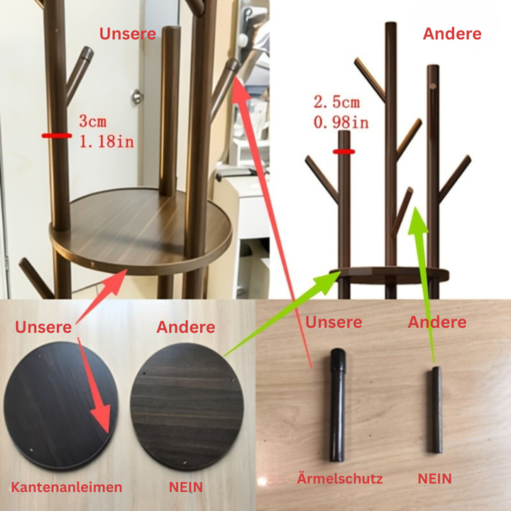 DrehHolz: Appendiabiti autoportante – Design in legno massello con 3 ripiani e 9 ganci, girevole a 360° per corridoio e camera da letto